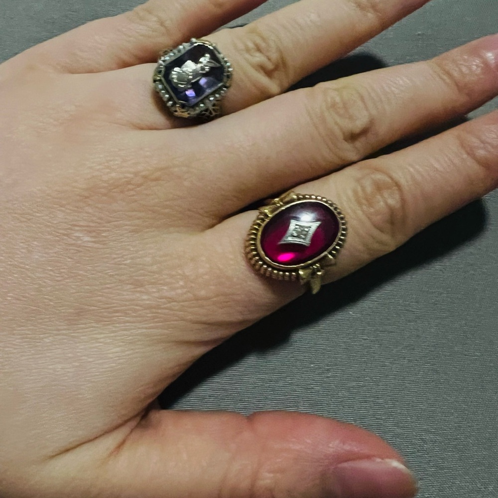 Antique Art Deco Synthetic Ruby & Diamond Ring – 10K Gold Sz 5.25 - Picture 3 of 8